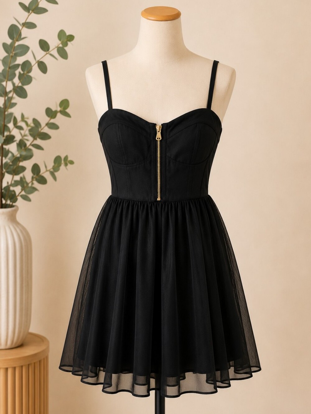 Guess Black Corset Tulle Mini‎ Dress Size 4 Gold Zipper Front
